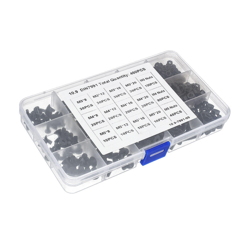 460Pcs M3 M4 M5 Flat Head Hex Socket Screw Carbon Steel 10.9 Grade Bolt Nut Assortment Kit 8-20mm