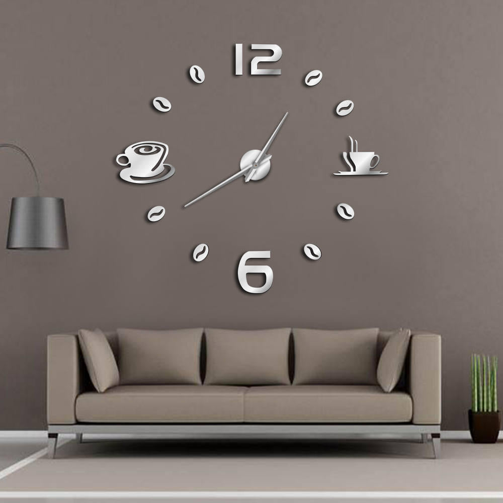 Cafe DIY Large Wall Clock Frameless Giant Wall Clock Modern Design Cafe Coffee Mug Coffee Bean Wall Decor Kitchen Wall Watch