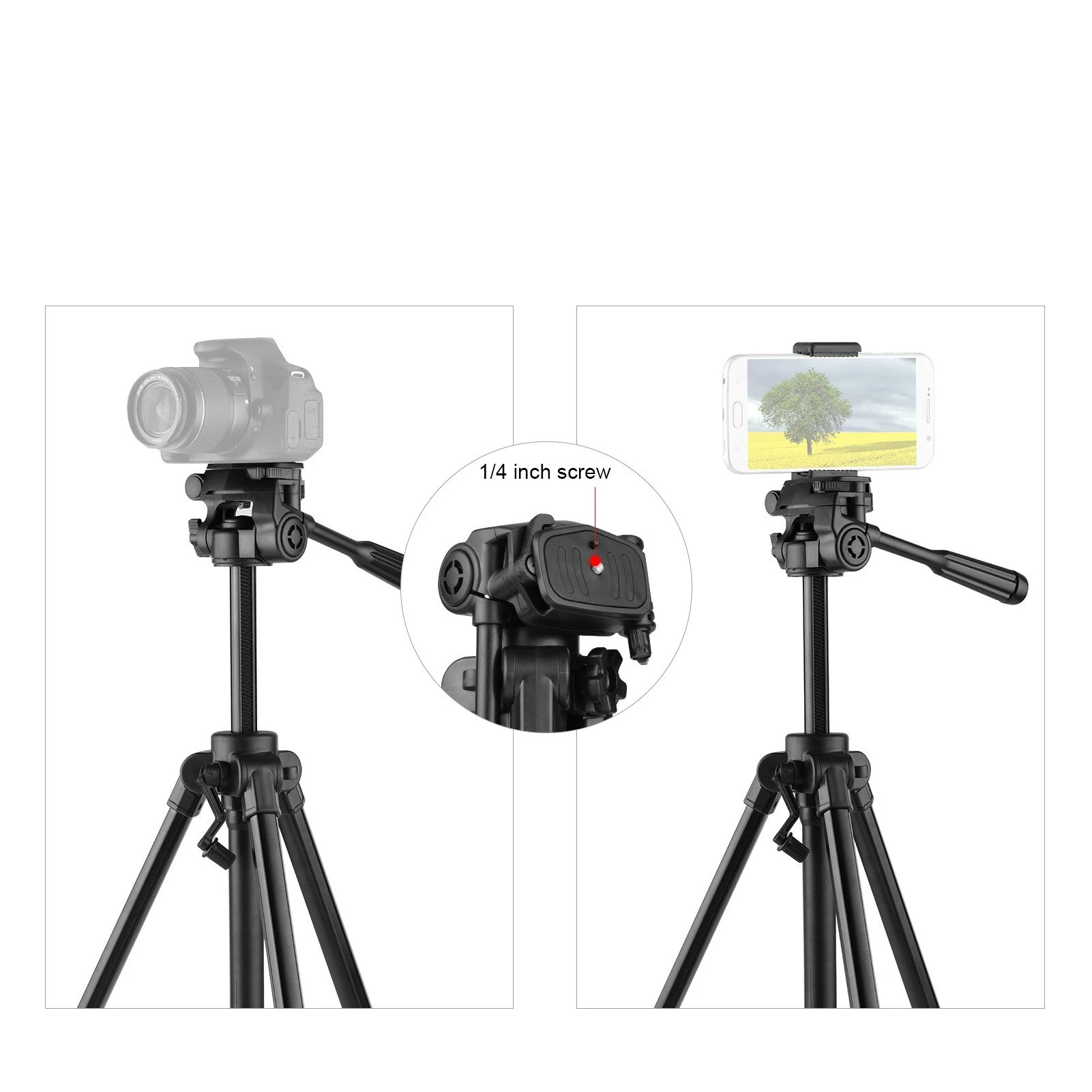 Adjustable Height Tripod Stand 3-Way Hydraumatic Head Universal 1/4 Mounting