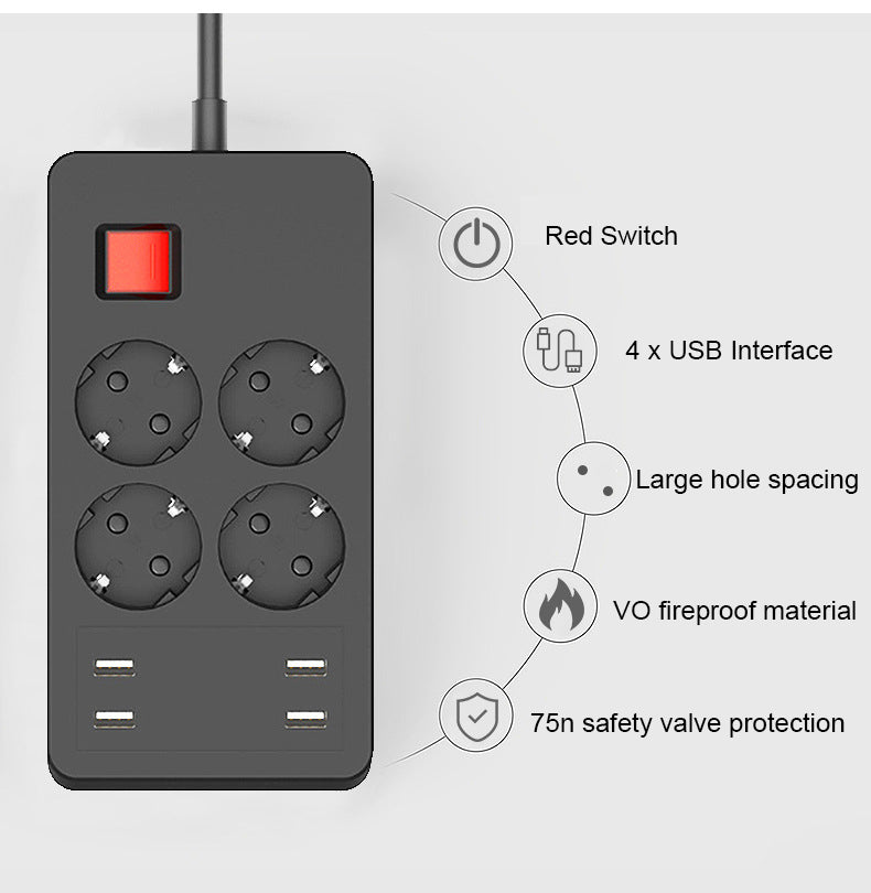 European Standard Socket 4 Jacks 4 USB Smart Power Converter German Standard Plug Home Office Power Adapter