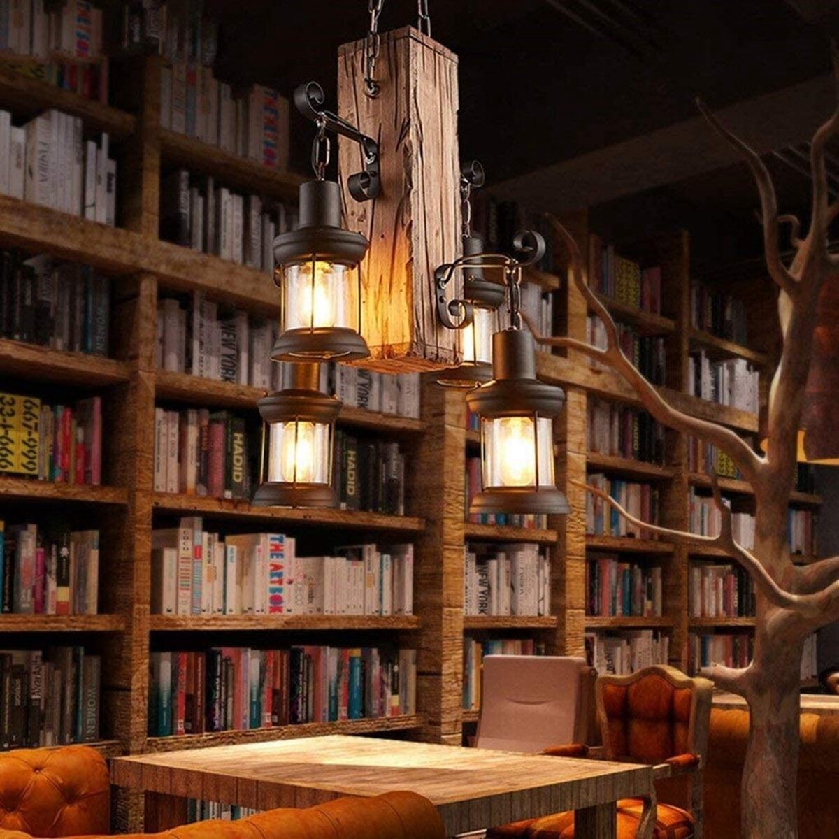 Rustic Wood 4 Heads Industrial Chandelier Iron Ceiling Lamp Pendant Light