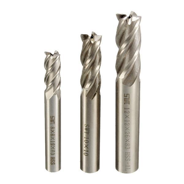3pcs HSS Straight Shank End Mill Cutter 4 Flute 8/10/12mm CNC Tool