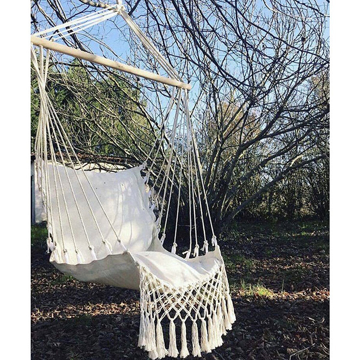 Hammock Cotton Swing Camping Rope Chair Wooden Beige Tasse Patio
