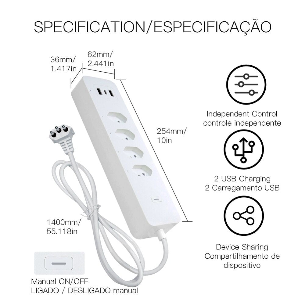 Smart Wifi Brazil Standard Socket 4 Outlets + 2 USB Charging Port + 1 Type-C App Remote Control Works with Alexa Google Home,110-240V