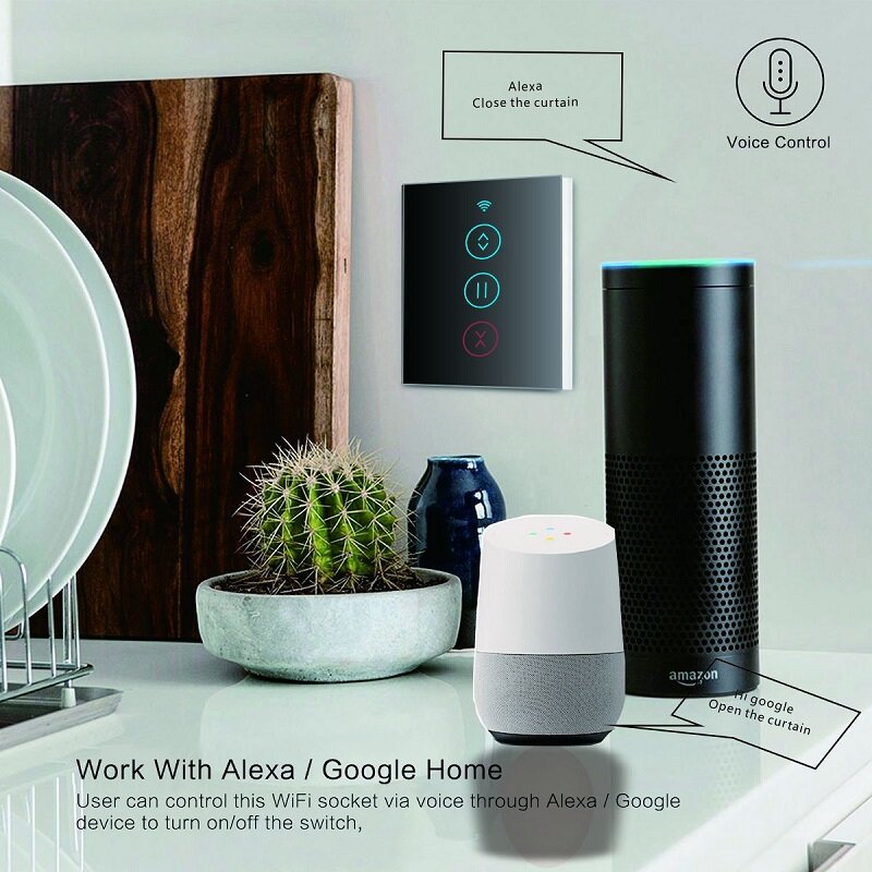 Smart WiFi Curtain Shutter Touch Door Switch EU Standard Remote Control Works with Alexa Google Voice Control