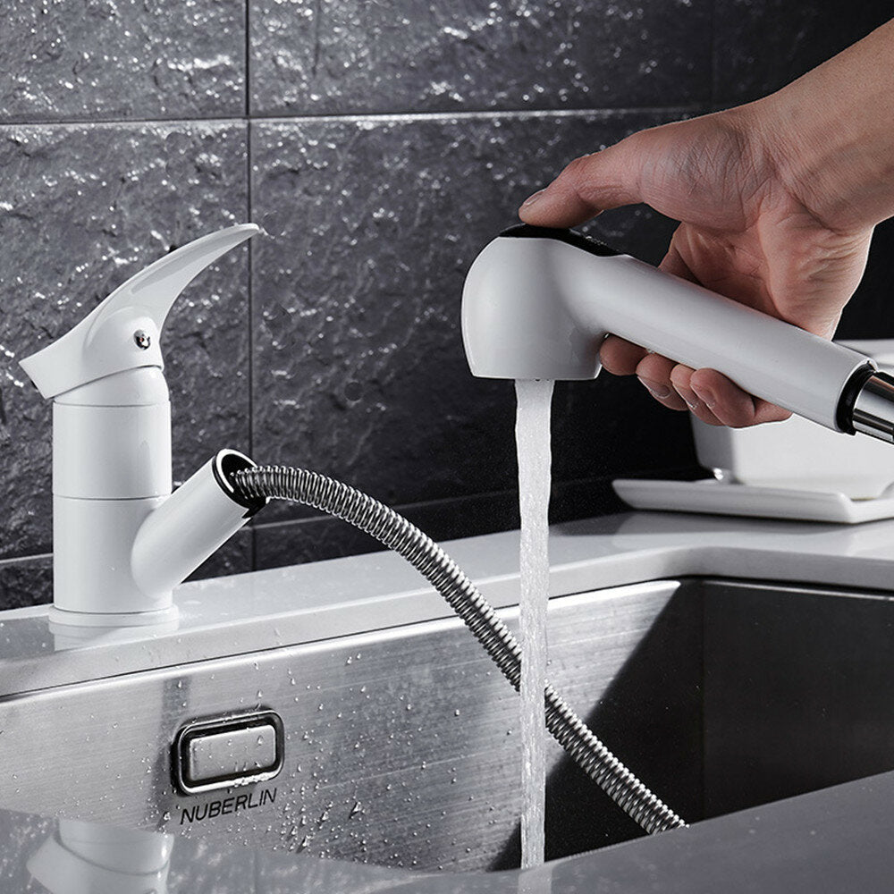 Pull Out Kitchen Faucet White Water-Saving Polished Basin Mixer Copper Hot and Cold Tap Vessel Vanity Sink