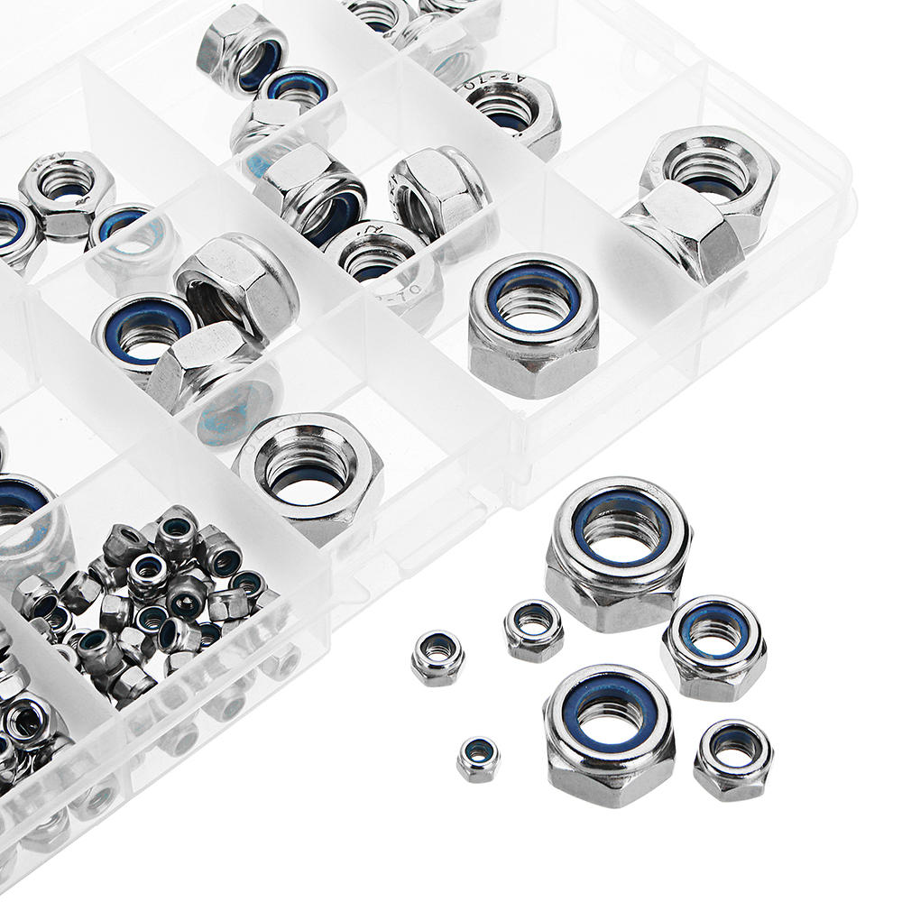 170Pcs 304 Stainless Steel Lock Nut Assortment M3/4/5/6/8/10/12 Nylon Insert Locknut