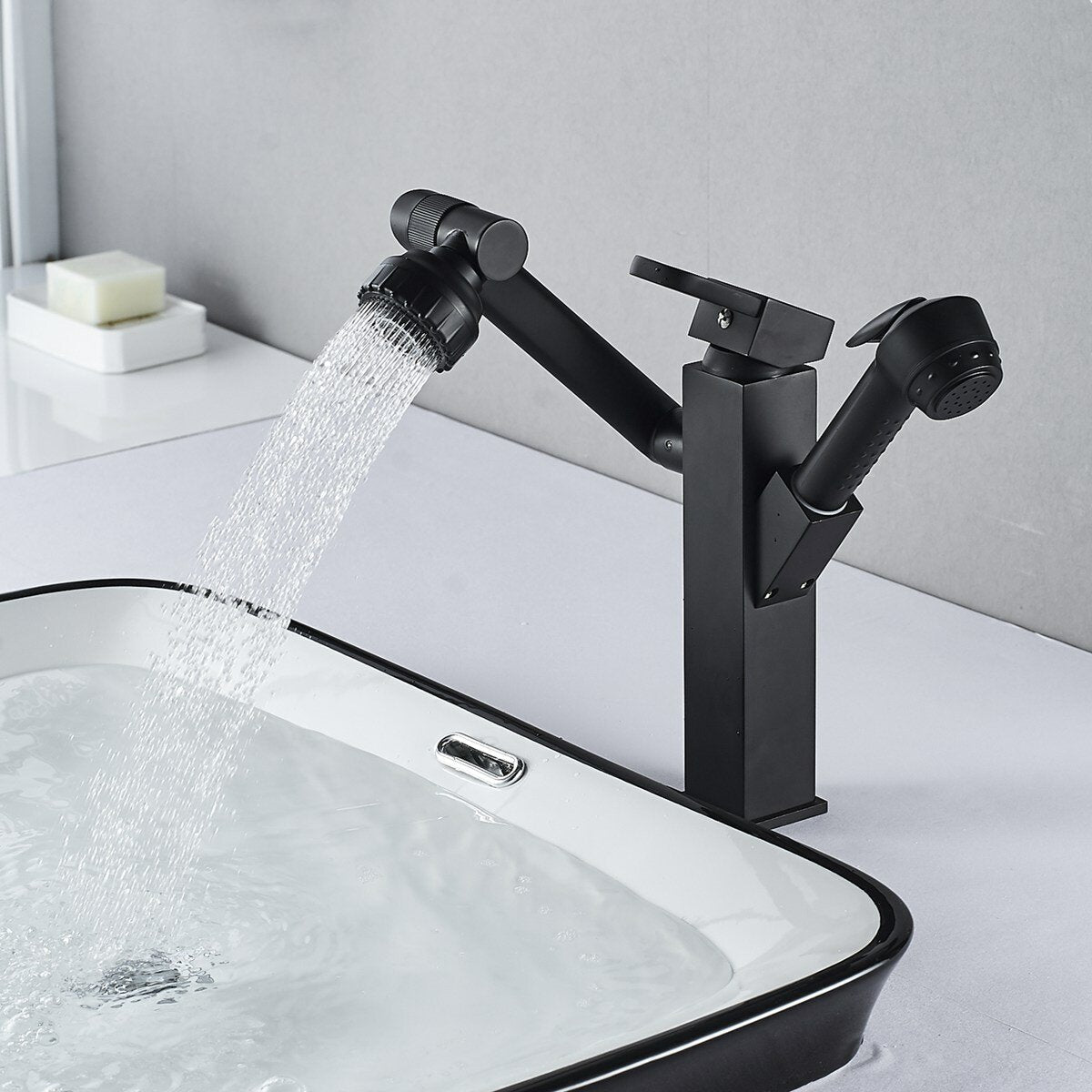 Bathroom Faucet Pull-Out Sink Adjustable and Rotatable with Sprayer Two Flow Modes Modern Lavatory Basin