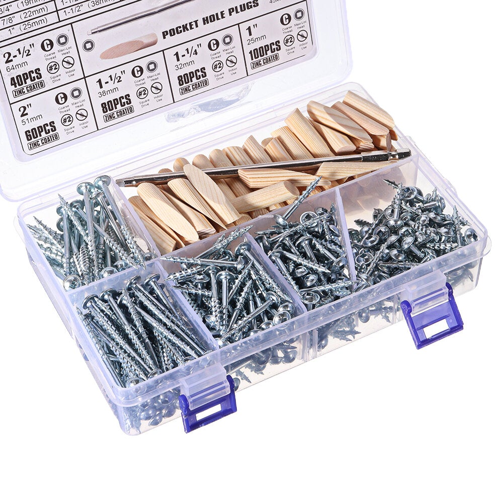 482Pcs 25-64mm Self Tapping Pocket Hole Screw Project Kit SQ2 Square Head Driver Wood Pocket Hole Plugs with 150mm Screwdriver Bit