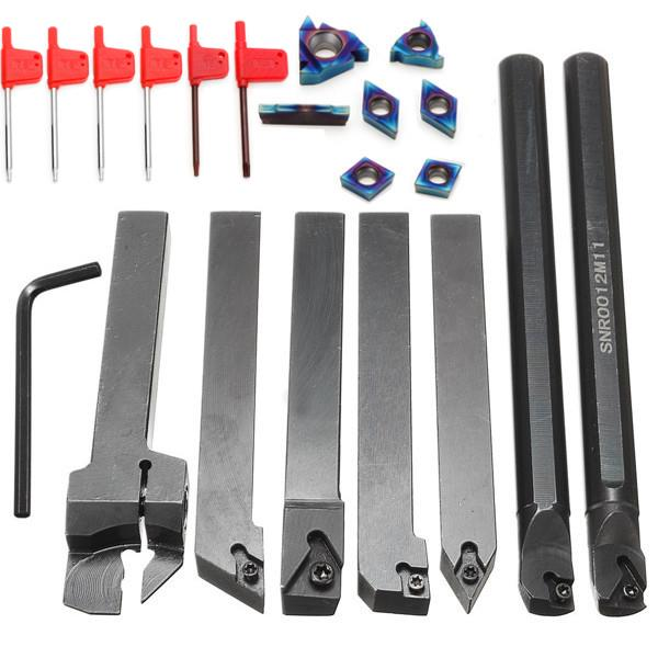 7pcs 12mm Shank Lathe Boring Bar Turning Tool Holder Set With Blue Nano Carbide Inserts