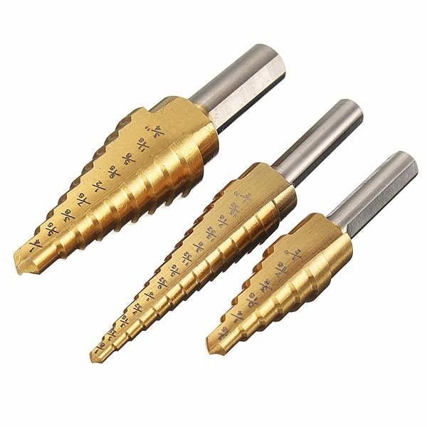 3pcs HSS Titanium Coated Step Drill Bit 1/8 to 3/4 Inch Hole Cutter