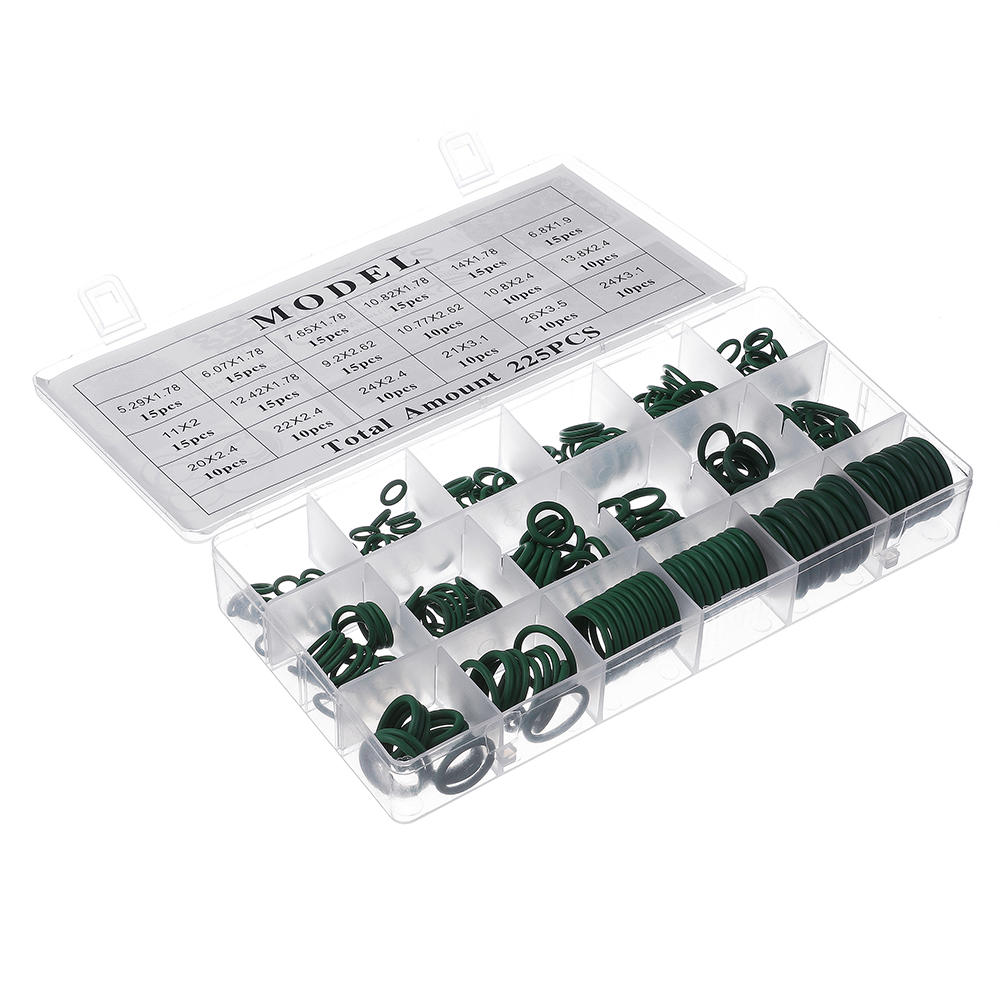 225Pcs R22/R134a Green Air Conditioning Rubber O-Ring Tap Washer Gasket Set Seal Metric Assortment Plumbing Kit Waterproof