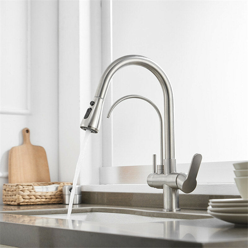 3 in 1 Kitchen Pull Down Sprayer 360 Rotating Hot and Cold Water Mixer Tap Direct Drinking Faucet