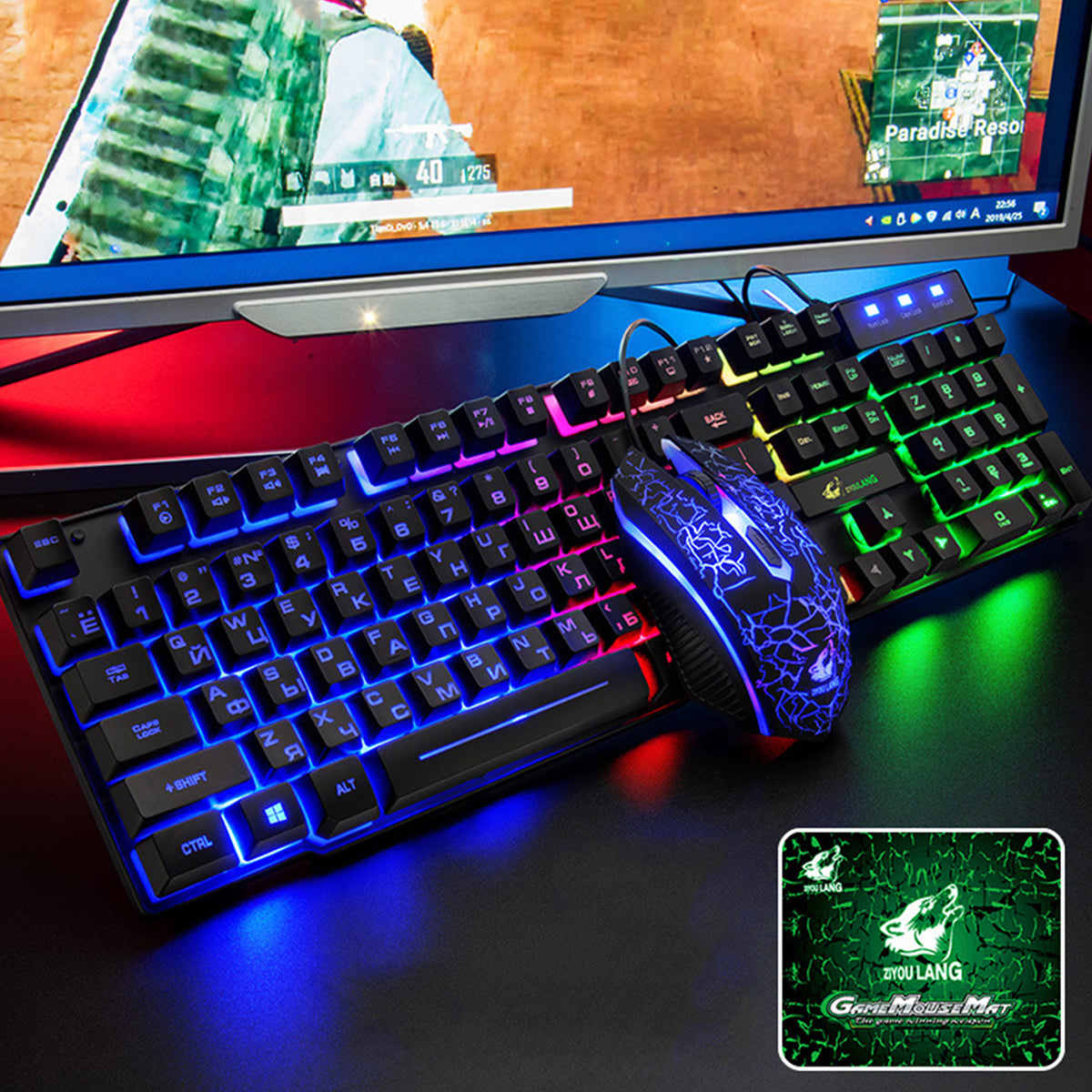 Keyboard & Mouse Combo 104 Keys Russian Version Wired Colorful Backlit Gaming Keyboard 2000DPI Optical Mouse Set with Mouse Pad