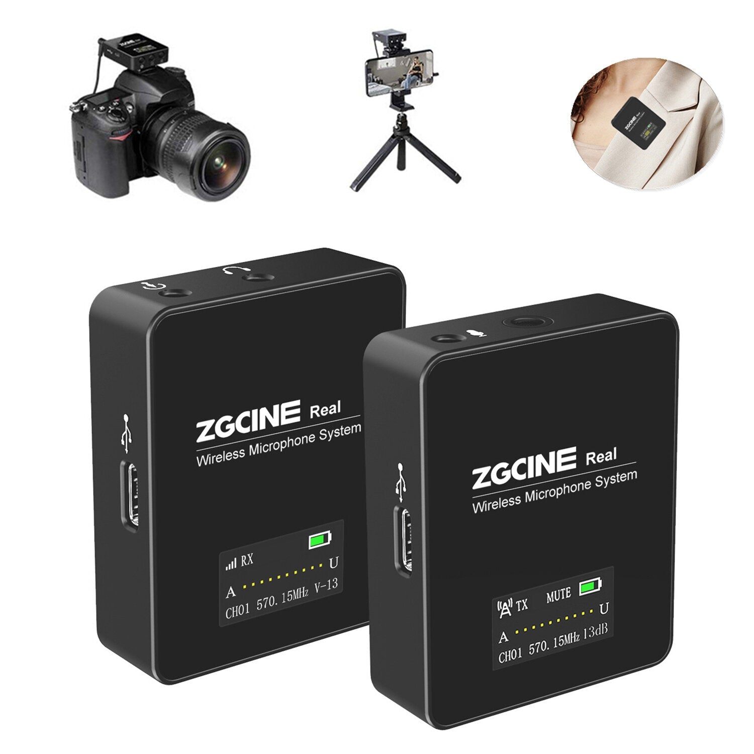 Wireless Lavalier Lapel Microphone System with Transmitter and Receiver for Smartphones Camera