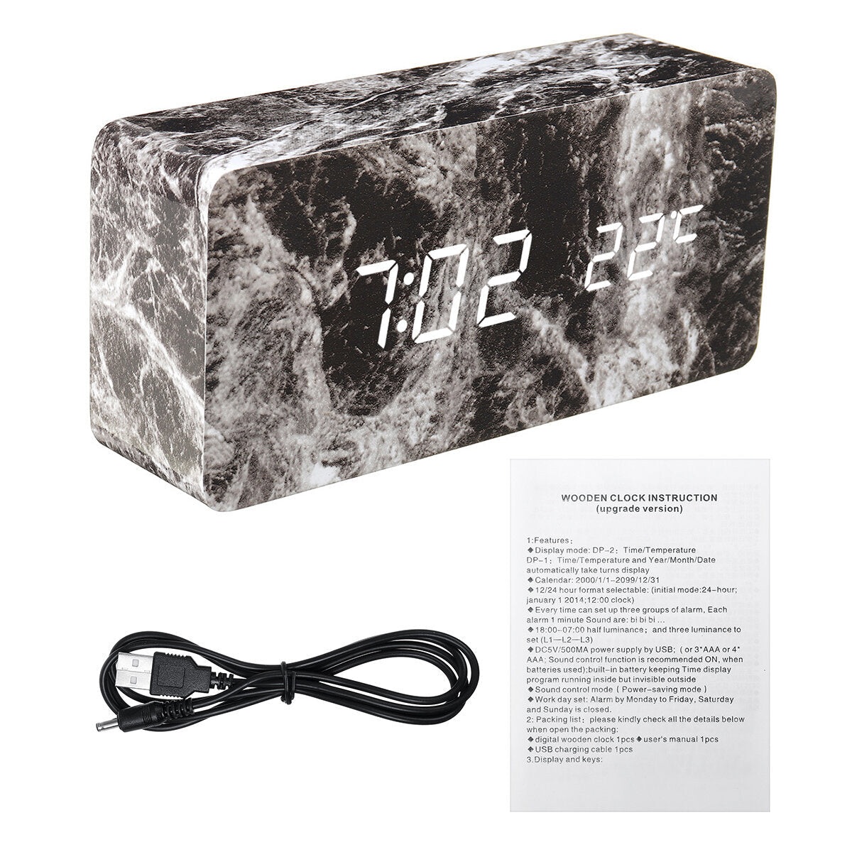 LED Marble Pattern Alarm Clock Creative Led Voice Control Digital Electronic Desktop Clock Temperature Display