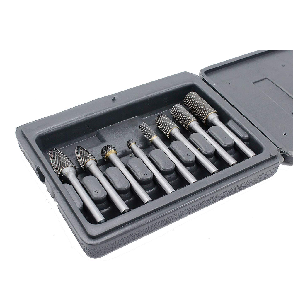 8PCS Carbide Burr Set with 1/4 Inch(6.35mm) Shank Double Cut Solid Carbide Rotary Burr Set