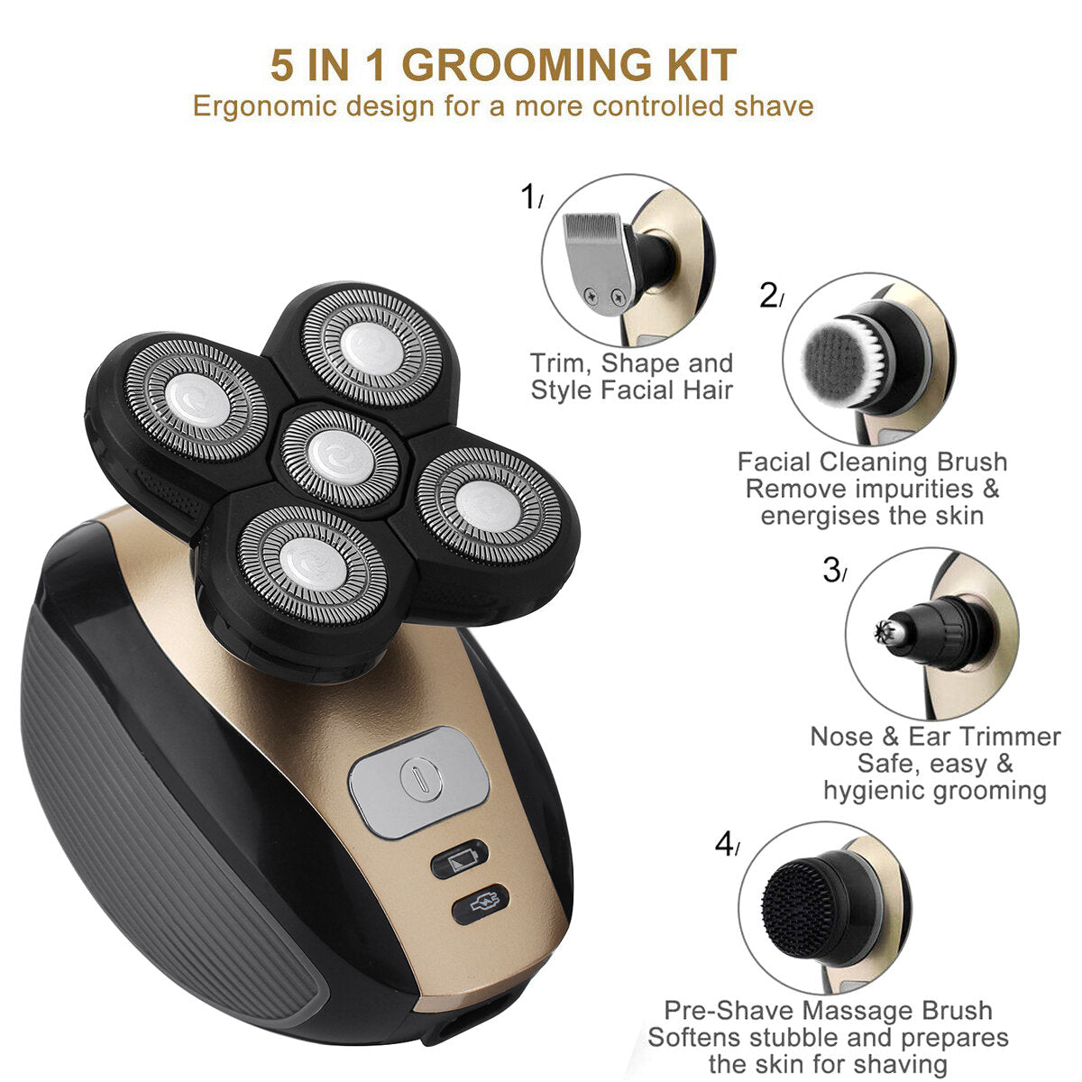 5 in 1 Electric Razor for Men Bald Head Shaver USB Rechargeable Beard Hair Grooming Kit