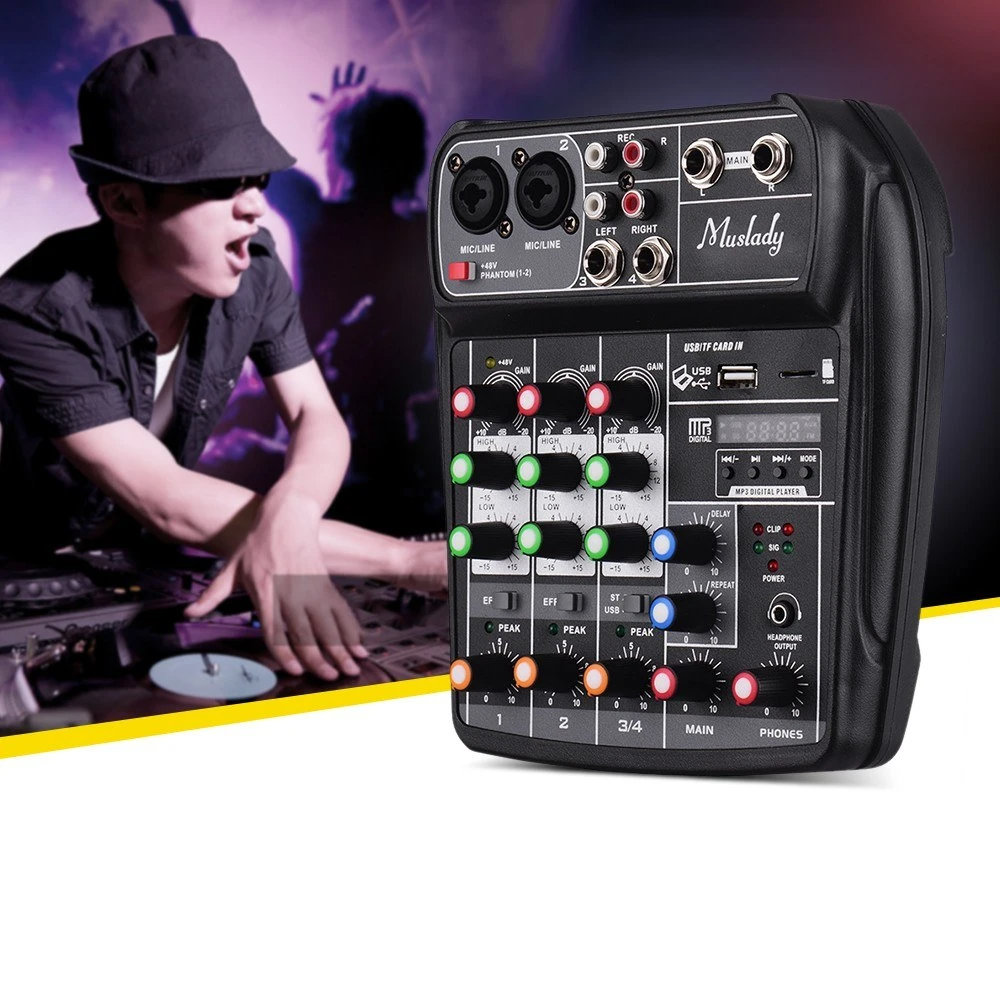 Compact Sound Card Mixing Console Digital Audio Mixer 4-Channel BT MP3 USB Input +48V Phantom Power