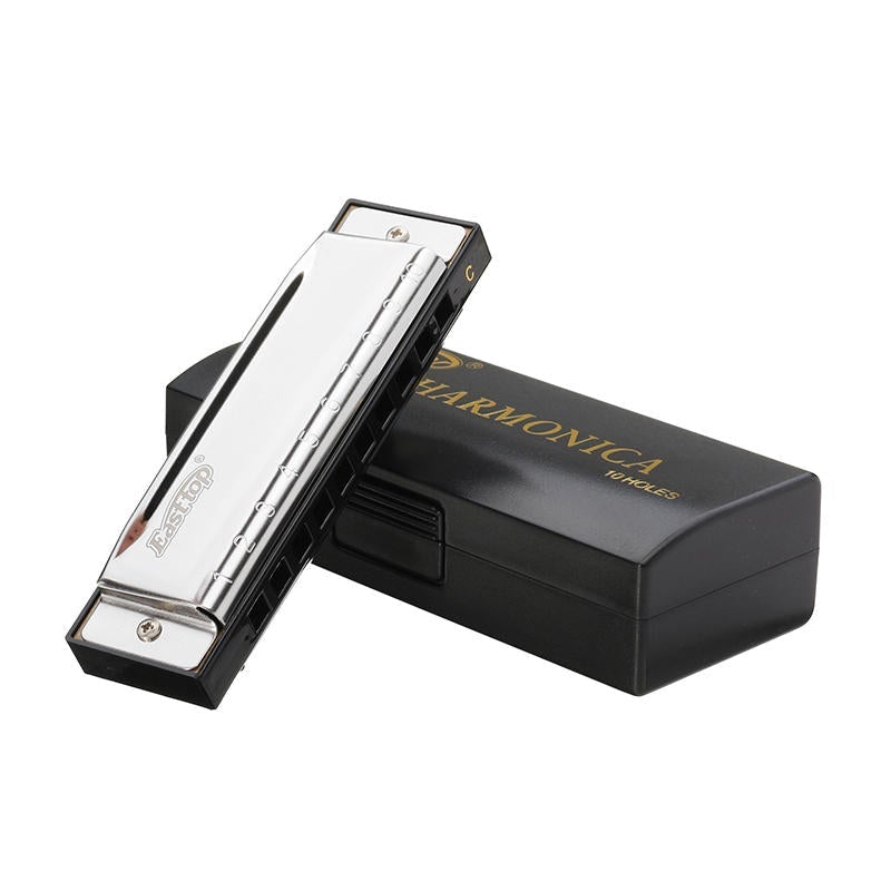 C Key 10 Holes Harmonica Blues Harp Stainless Steel Cover Plate with Plastic Box
