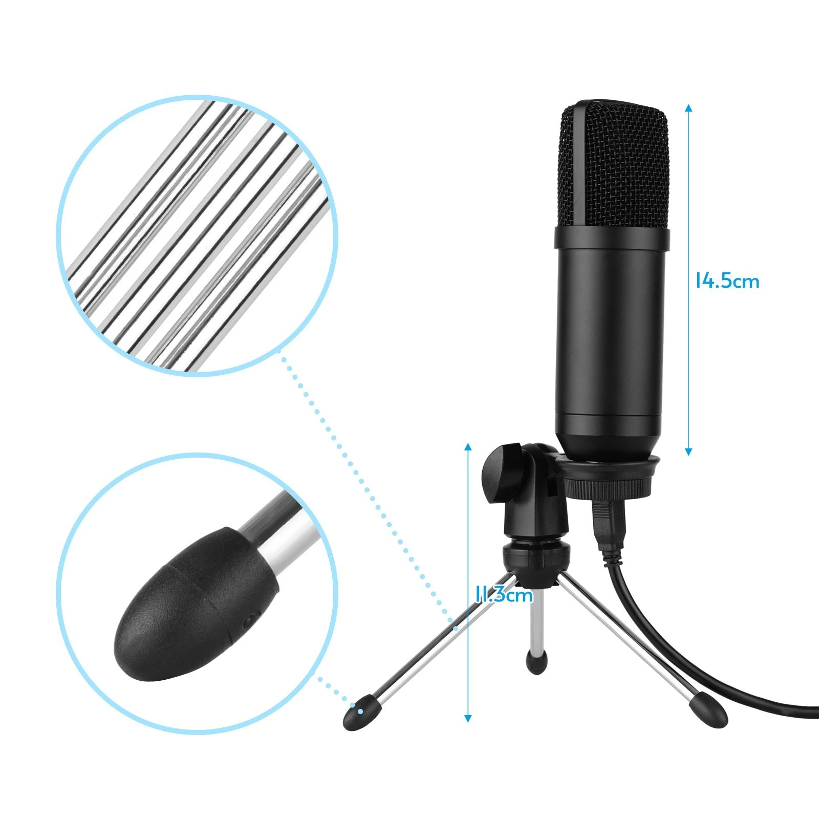 USB Condenser Microphone Set with Foldable Mic Tripod Power Cord Foam Wind Muff