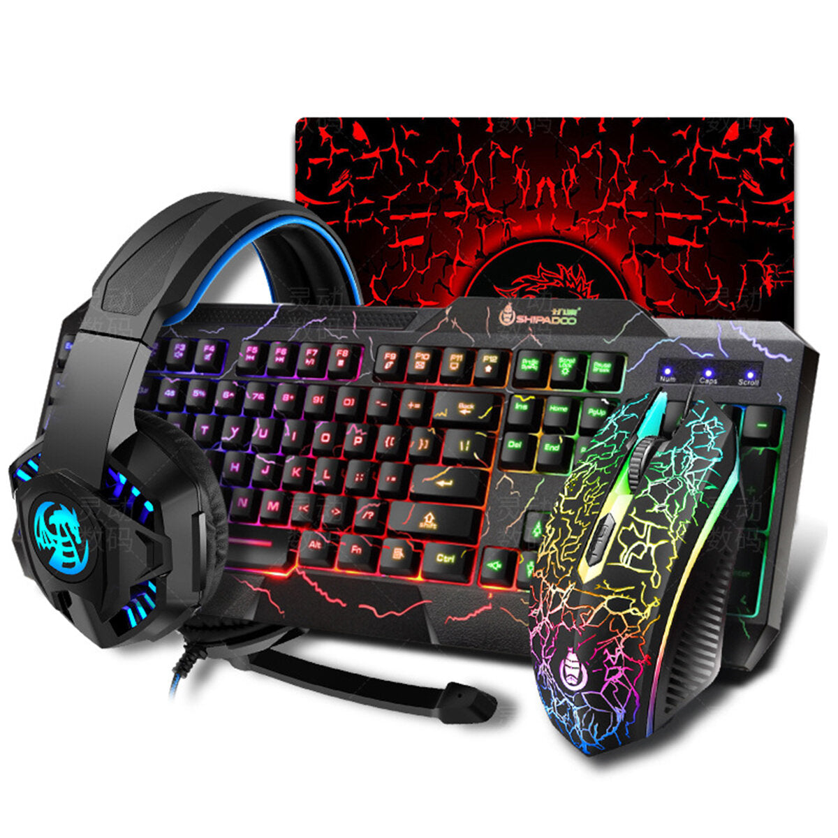 4-in-1 Keyboard Mouse Headset Mouse Pad Set USB Wired 104 Keys Cracked Keyboard Mouse Over-Ear Headset Mouse Pad Combo Set