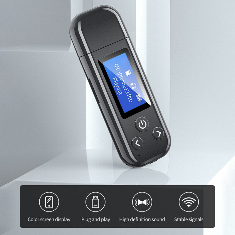 USB Bluetooth Adapter BT5.0 HD TF Card 3.5mm AUX-In 1700mAh LCD Digital Display Receiver Transmitter with Mic