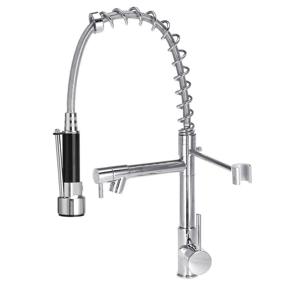 Pull Out Kitchen Tap Chrome Finished Spring Faucet Swivel Spout Vessel Sink Hot Cold Water Mixer Silver