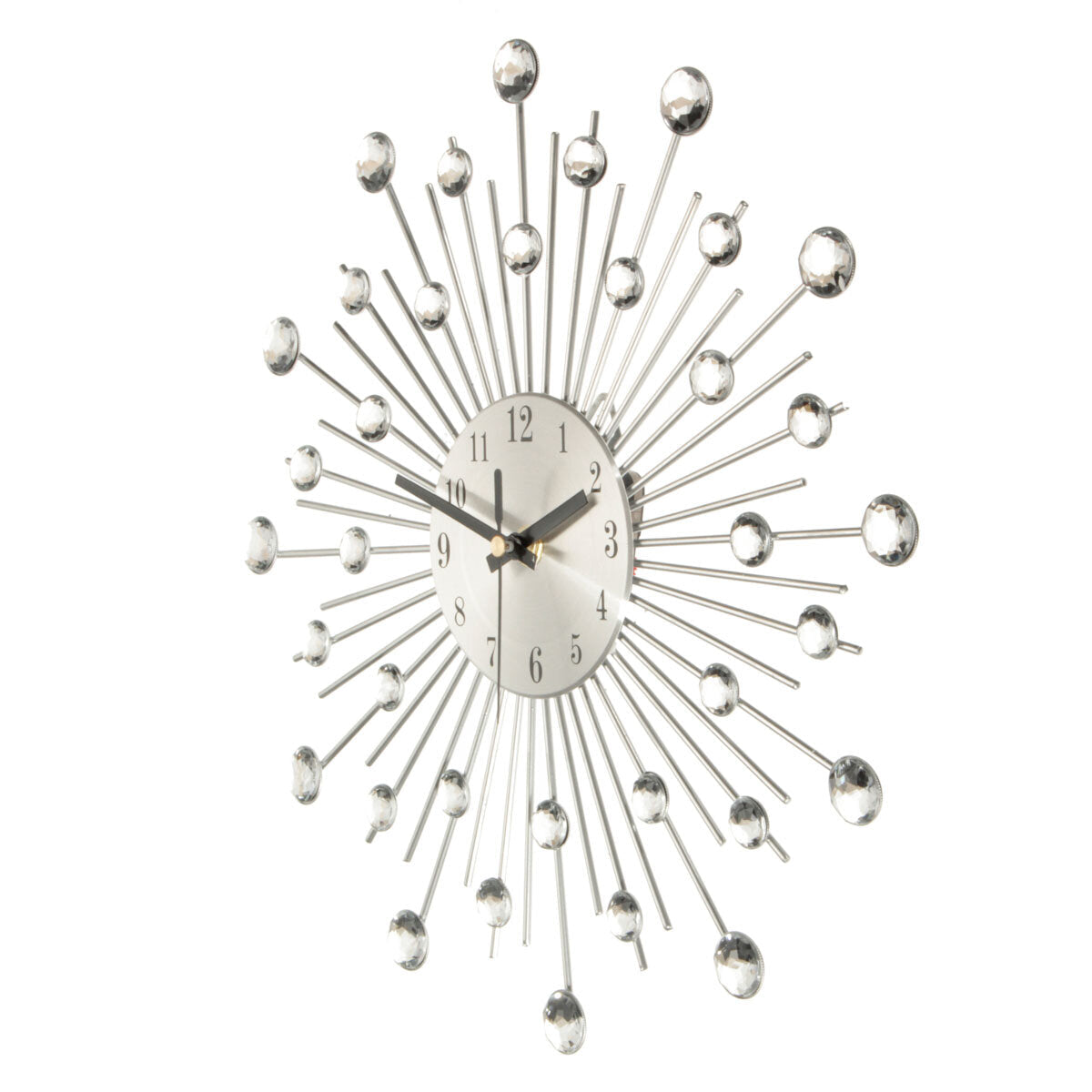 33cm Clear Diamante Crystal Effect Jeweled Sunburst Silver Metal Wire Wall Clock