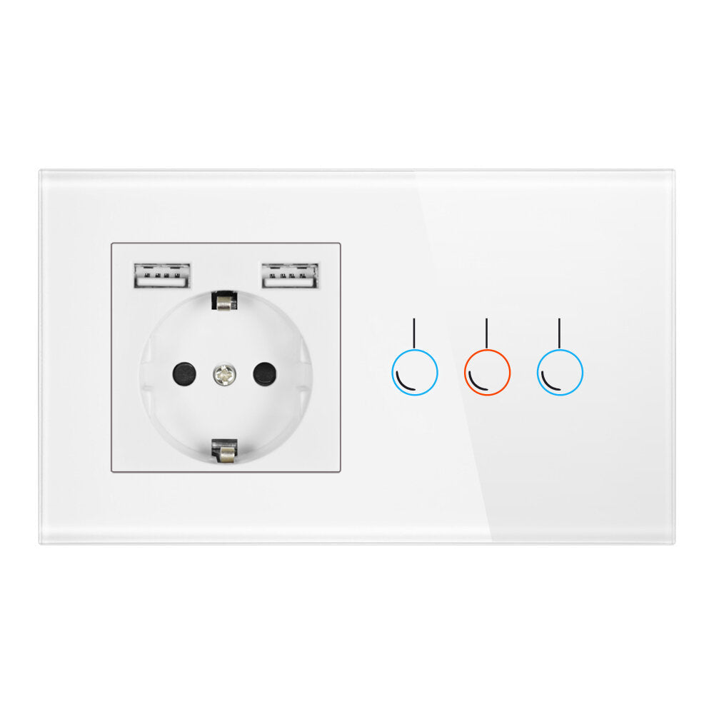 Touch Sensor Switch with Socket with USB Crystal Glass Panel Wall Socket with 3 Gang Light Switch 146*86mm 220V 16A
