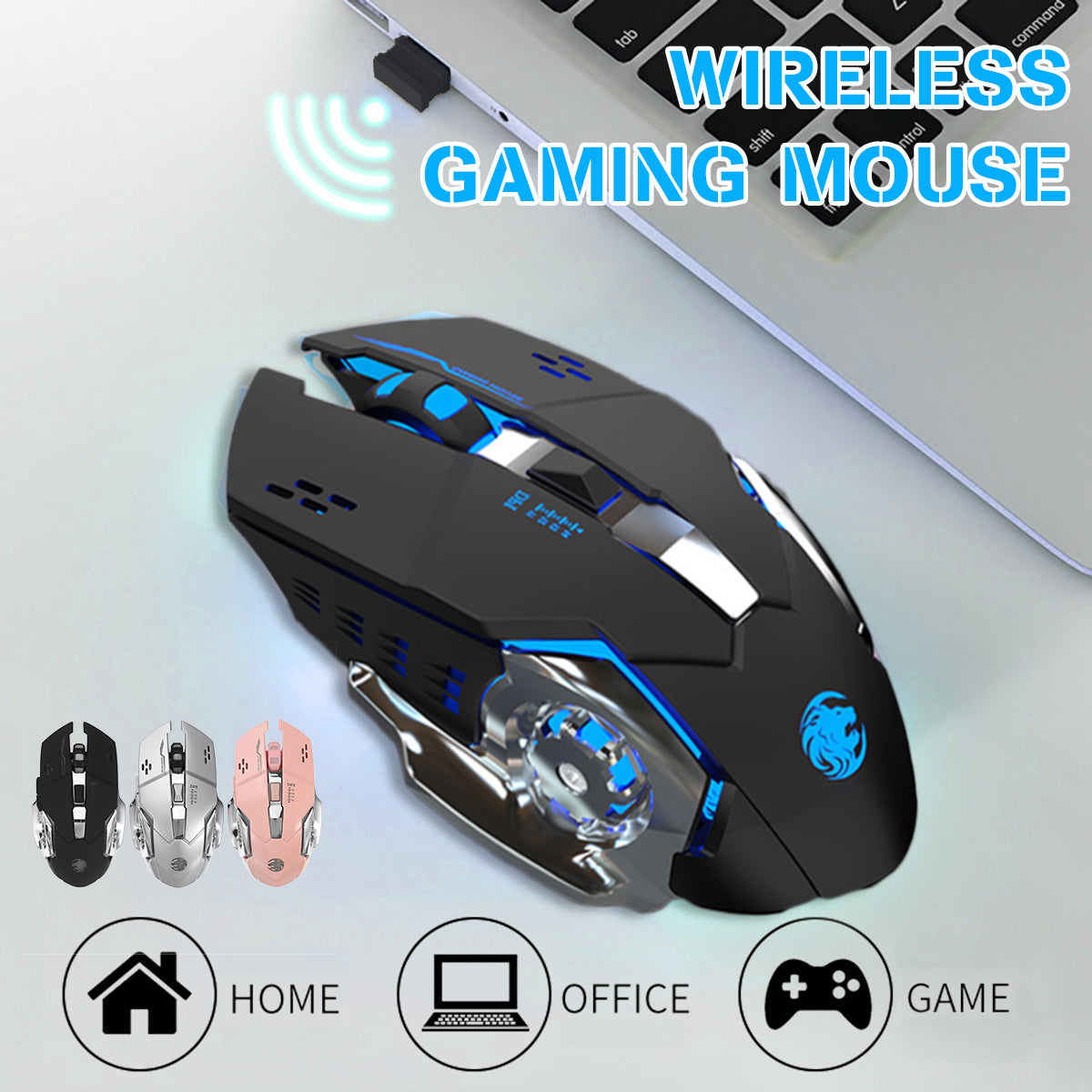 2.4 GHz Wireless Mouse 1600DPI Rechargeable Breathing LED Light Optical Mice with USB Receiver for PC Laptop Desktop