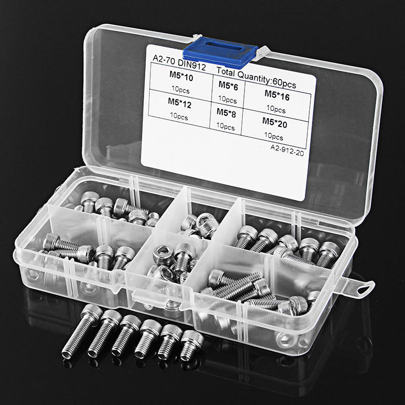 60Pcs M5 Stainless Steel 6-20mm Hex Socket Cap Head Screw Allen Bolt Assortment Kit