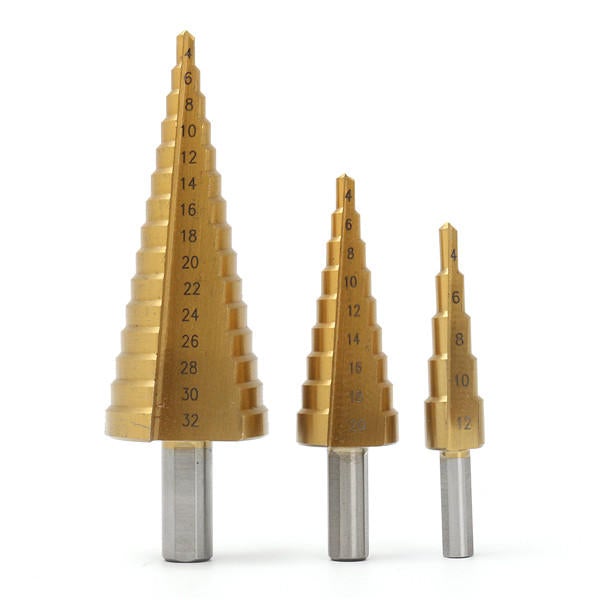 3pcs Titanium Coated HSS Step Cone Drill Bit Hole Cutter 4-12/20/32mm