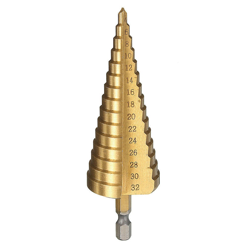 4Pcs 1/4 Inch Hex Shank HSS Titanium Coated Step Drill Bit Set 3-12/4-12/4-20/4-32mm