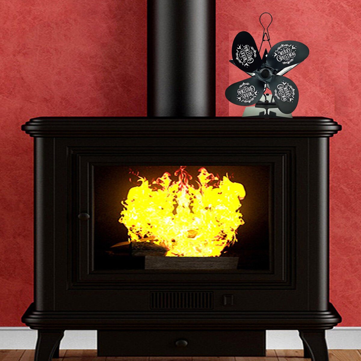 4 Blade Heat Powered Stove Fan with Magnetic Thermometer for Fireplace Heater