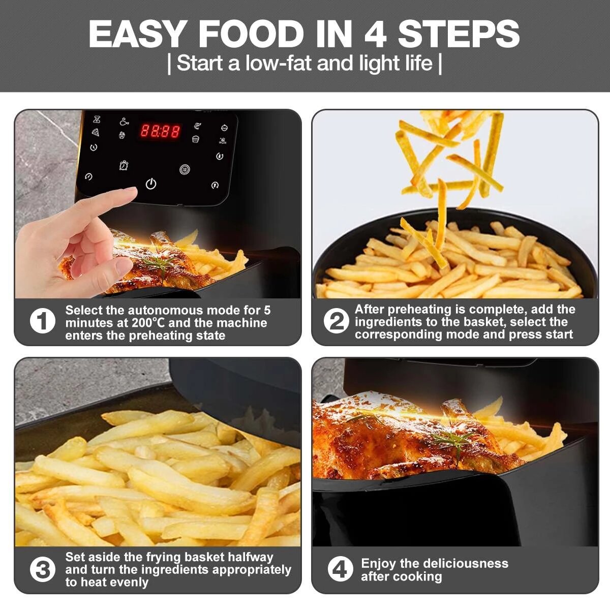 1800W 4.5L Air Fryer Oil free Health Fryer Cooker 110V/220V Multifunction Smart Touch LCD Airfryer French fries Pizza Fryer