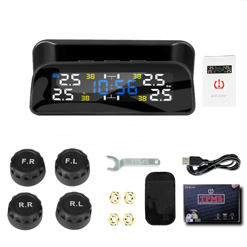 Solar Car 360 Rotation Tire Pressure Monitoring System Digital Clock LCD Display Tyre Temperature Safety Alarm Machine