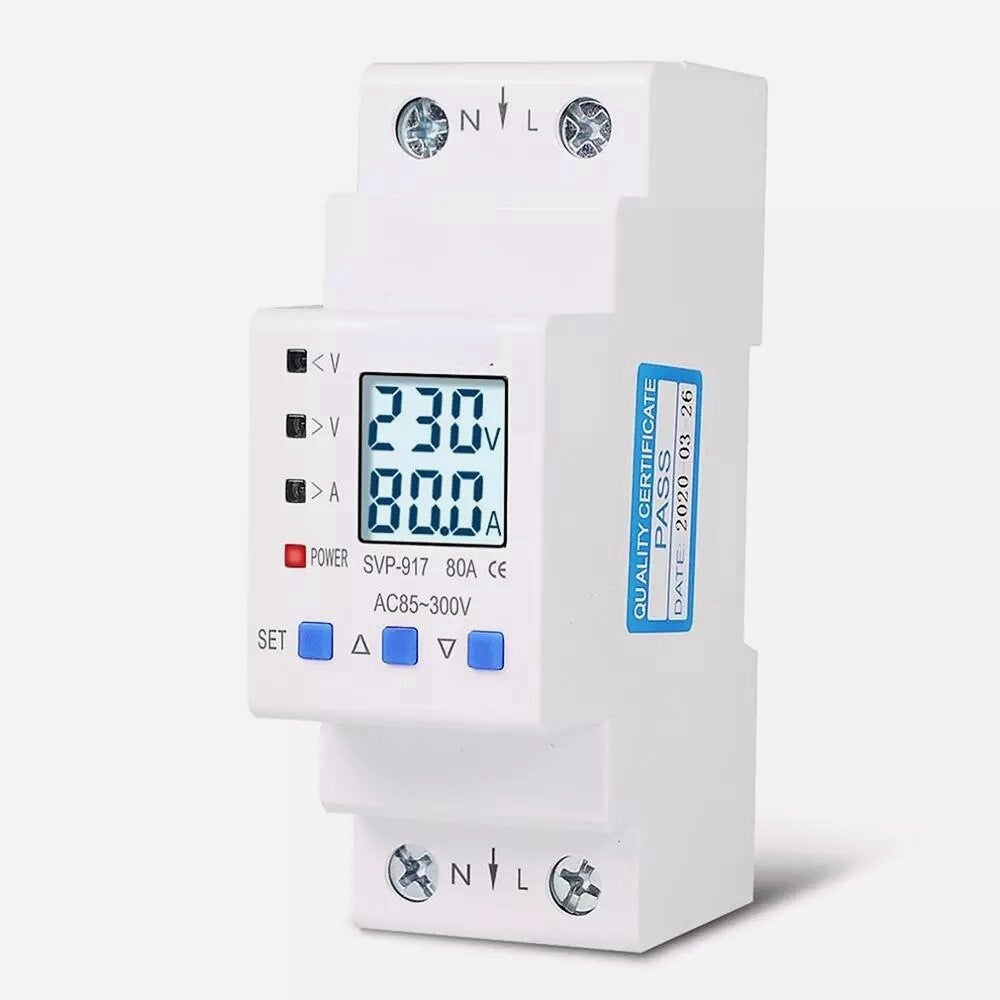 Din Rail Adjustable Over Under Voltage Protective Device Current Limit Protection Voltmeter Ammeter Kwh 63A 80A