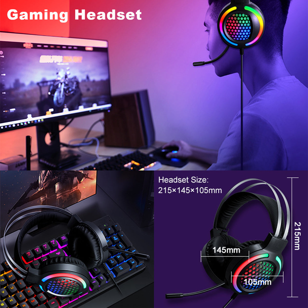 4Pcs Gaming Combo Kit 104 Keys Rainbow Backlit Keyboard Adjustable 2400DPI Mouse Wired RGB Lighting Headset with Anti-Slip Mouse Pad