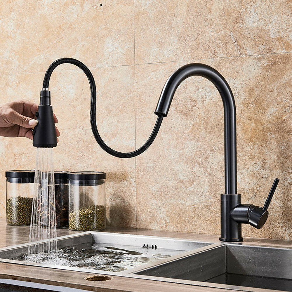 Matte Black Kitchen Sink Faucet Brass Single Lever Pull Out Mixers Hot Cold Water Tap