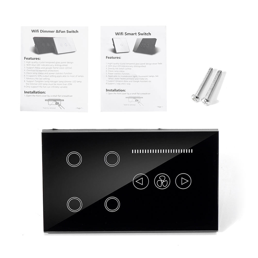 Smart WIFI Switch 4 Gang WIFI Light Switch With WiFi Ceiling Fan Switch White/Black Crystal Glass Panel Work Alexa Google Home