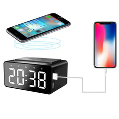 Wireless Bluetooth Speaker Wireless Charger, USB Charging for Phone Portable Double Alarm Clock FM Radio Subwoofer, Three-range Brightness Adjustment