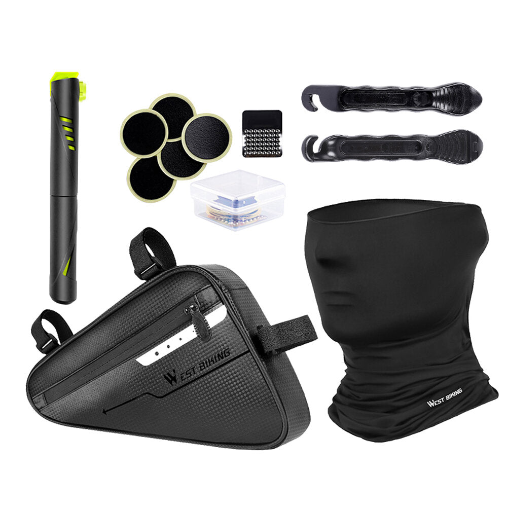 Bike Triangle Bag Set Waterproof Cycling Front Tube Bag Tire Pry Bar Bike Tire Patch Kit Winter/Summer Face Scarf for MTB Road Bike