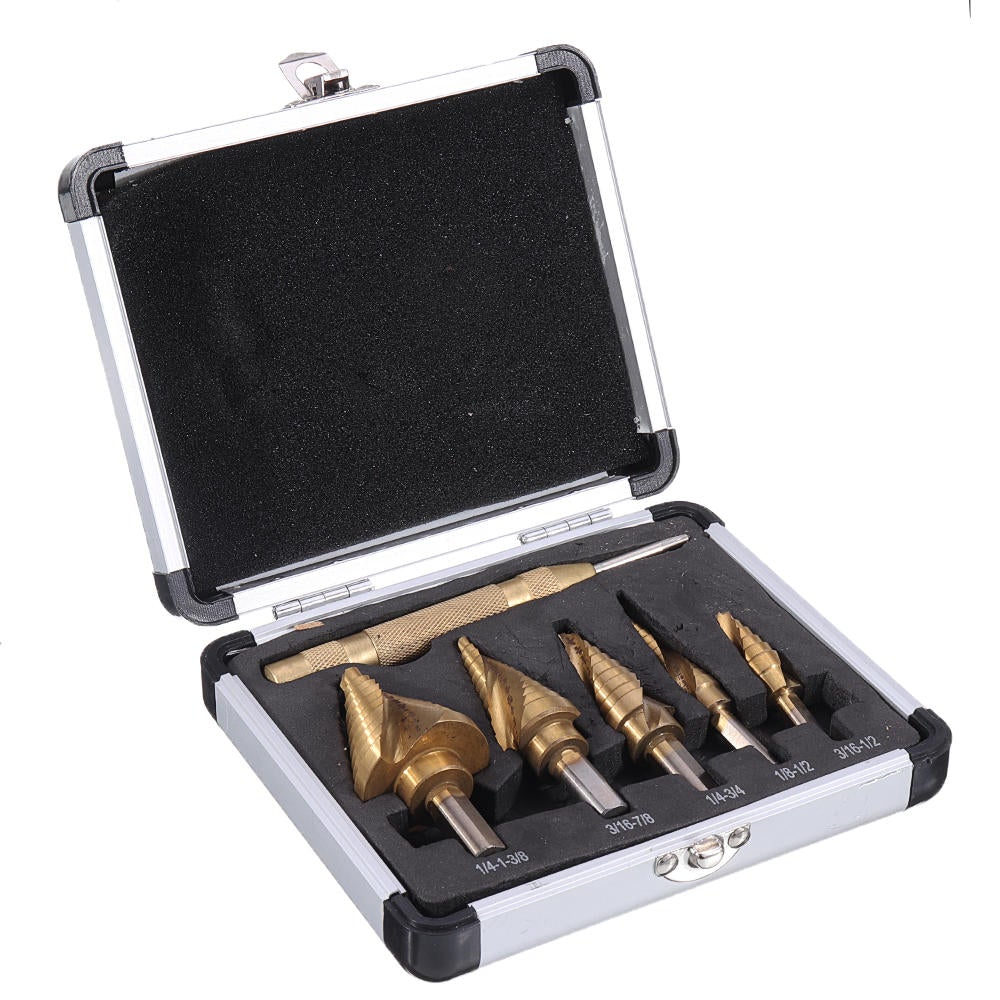 6pcs 1/8 to 1-3/8 Inch Step Drill Titanium Spiral Grooved Step Drill Bit Set with Automatic Center Punch and Aluminum Case