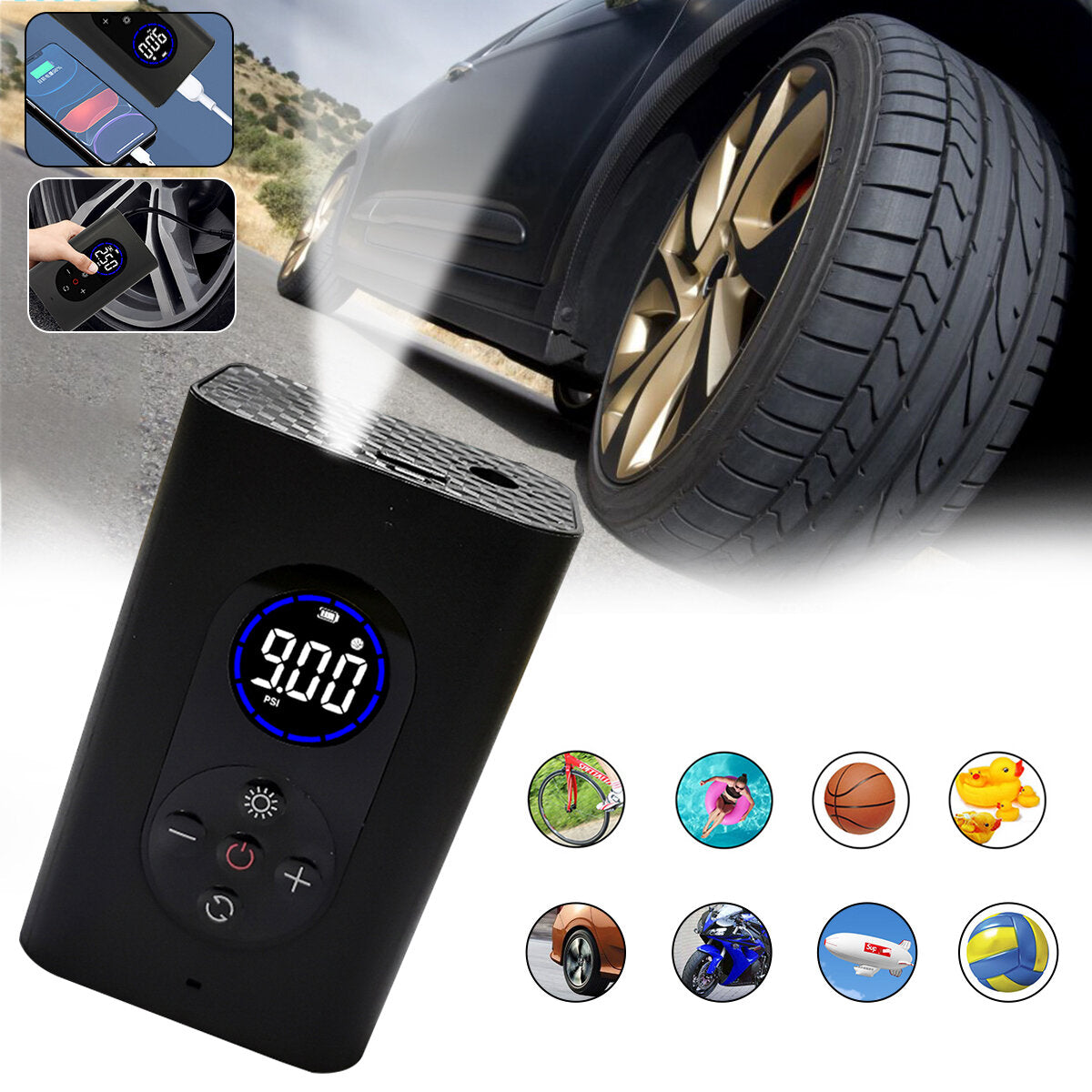 150PSI 4-in-1 Wireless Air Pump with LED Light 4000mAh USB Rechargeable For Bike Pump Car Bicycle Electric Scooter Basketball Football