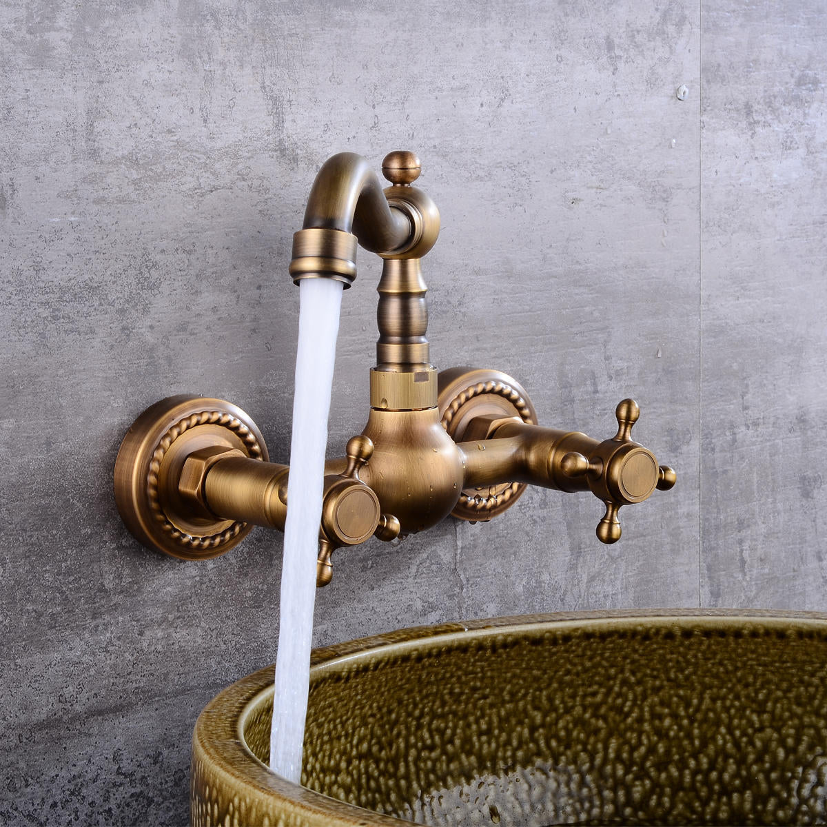 European Type Pure Copper Double Handle Cold Heat Enters Wall Faucet Rotate 360 Kitchen