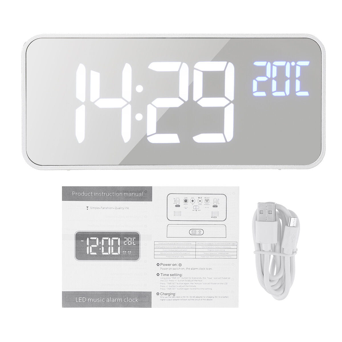 5V 1A Digital Mirror Music LED Clock with Voice Control Two sets of Alarm Switches