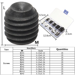 250Pcs Head Socket Hex Set Grub Screw Cup Point Alloy Steel Assortment With Case
