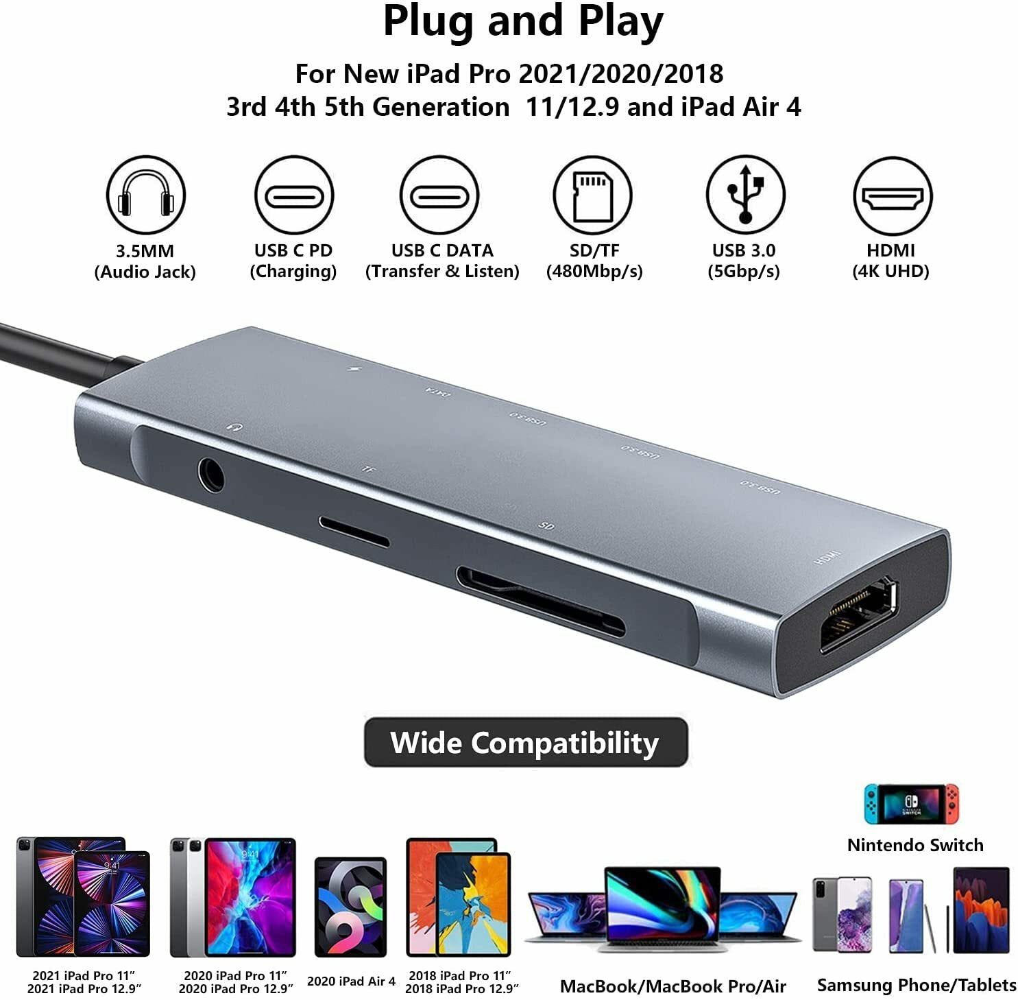 9-in-1 Power Delivery Docking Station Adapter 60W USB-C PD3.0 With 4K 30Hz HD Display Data Transfer Port 3.5mm Audio Jack USB 3.0/2.0 Card Readers