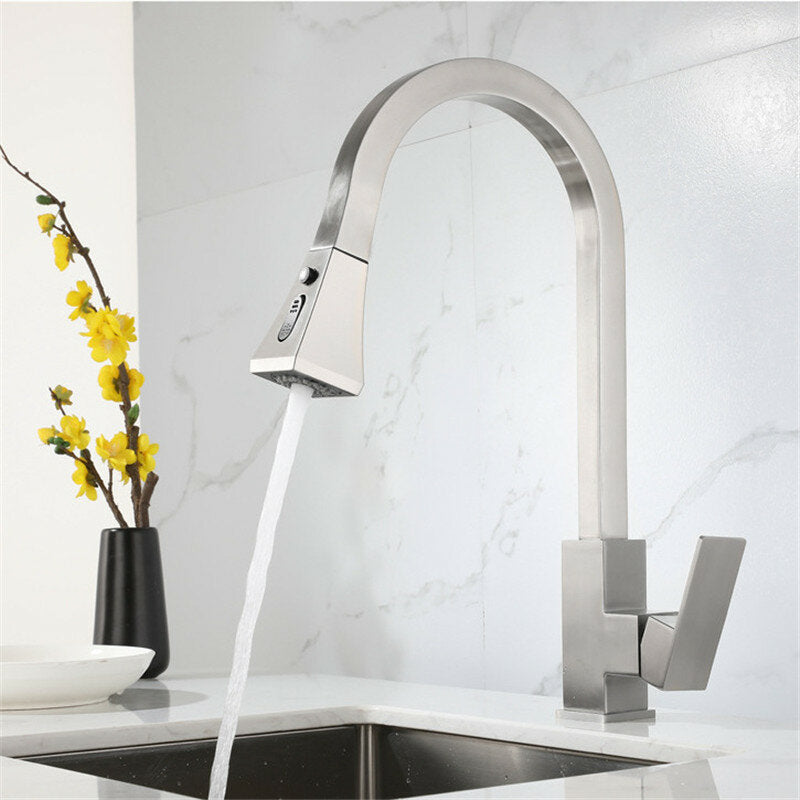 Kitchen Sink Hot And Cold Faucet Single Handle Brushed Nickel Stainless Steel Gooseneck Wash basin Tap With Pull Down Sprayer